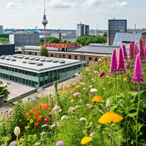 Home 15 **
A vibrant rooftop garden in Berlin, overflowing with colorful wildflowers and herbs. Bees and butterflies flutter around, with a modern industrial building as a backdrop. In the distance, the iconic Fernsehturm (TV Tower) can be seen, subtly showcasing the urban context. Focus on the contrast between the natural greenery and the cityscape, highlighting the benefits of green roofs for biodiversity.
**