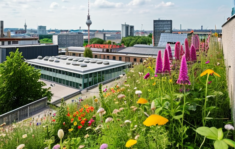**
A vibrant rooftop garden in Berlin, overflowing with colorful wildflowers and herbs. Bees and butterflies flutter around, with a modern industrial building as a backdrop. In the distance, the iconic Fernsehturm (TV Tower) can be seen, subtly showcasing the urban context. Focus on the contrast between the natural greenery and the cityscape, highlighting the benefits of green roofs for biodiversity.
**