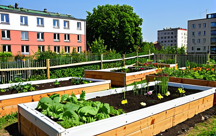**
A vibrant urban garden scene in Berlin. Raised garden beds overflow with vegetables and flowers. Diverse people of all ages are gardening together, laughing and sharing tips. In the background, apartment buildings are visible, some with green roofs. The atmosphere is sunny and cheerful, emphasizing community and sustainable living. Include details like gardening tools, watering cans, and hand-painted signs with plant names.
**