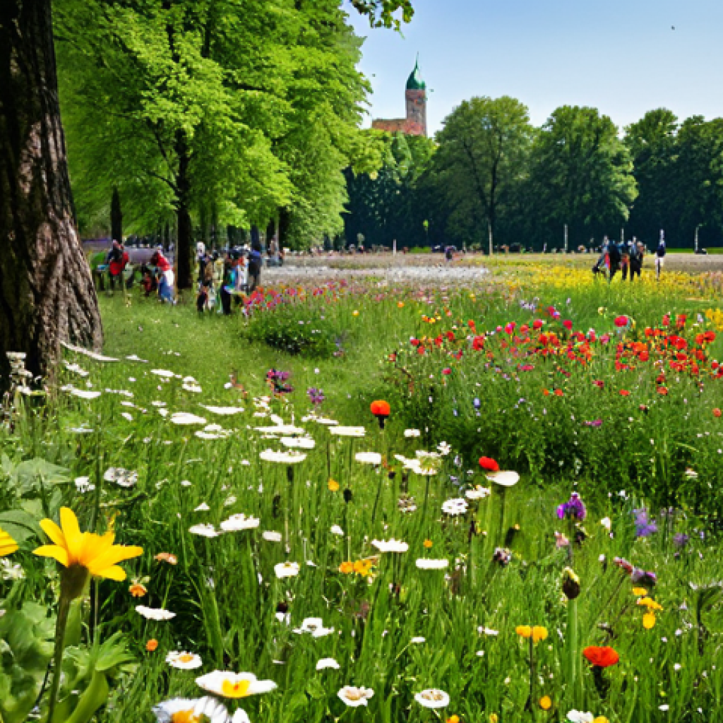**

"A vibrant wildflower meadow in a Munich city park, overflowing with diverse native blooms, buzzing with bees and butterflies, Totholz (deadwood) visible in the background providing habitat, fully clothed people enjoying the scenery in the distance, safe for work, appropriate content, professional photography, perfect anatomy, natural proportions, family-friendly, high quality."

**