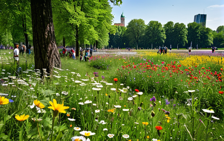 **

"A vibrant wildflower meadow in a Munich city park, overflowing with diverse native blooms, buzzing with bees and butterflies, Totholz (deadwood) visible in the background providing habitat, fully clothed people enjoying the scenery in the distance, safe for work, appropriate content, professional photography, perfect anatomy, natural proportions, family-friendly, high quality."

**