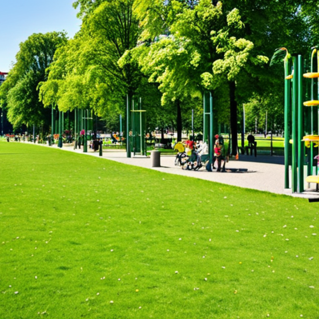 Urban Park Oasis**

"A vibrant urban park in Berlin on a sunny afternoon, filled with families enjoying the green space, fully clothed, appropriate attire, safe for work. Lush green lawns, mature trees providing shade, a children's playground in the background. Focus on the biodiversity: wildflowers blooming, birds flitting about. Perfect anatomy, natural proportions, professional photography, high quality, showcasing the benefits of urban green spaces."

**