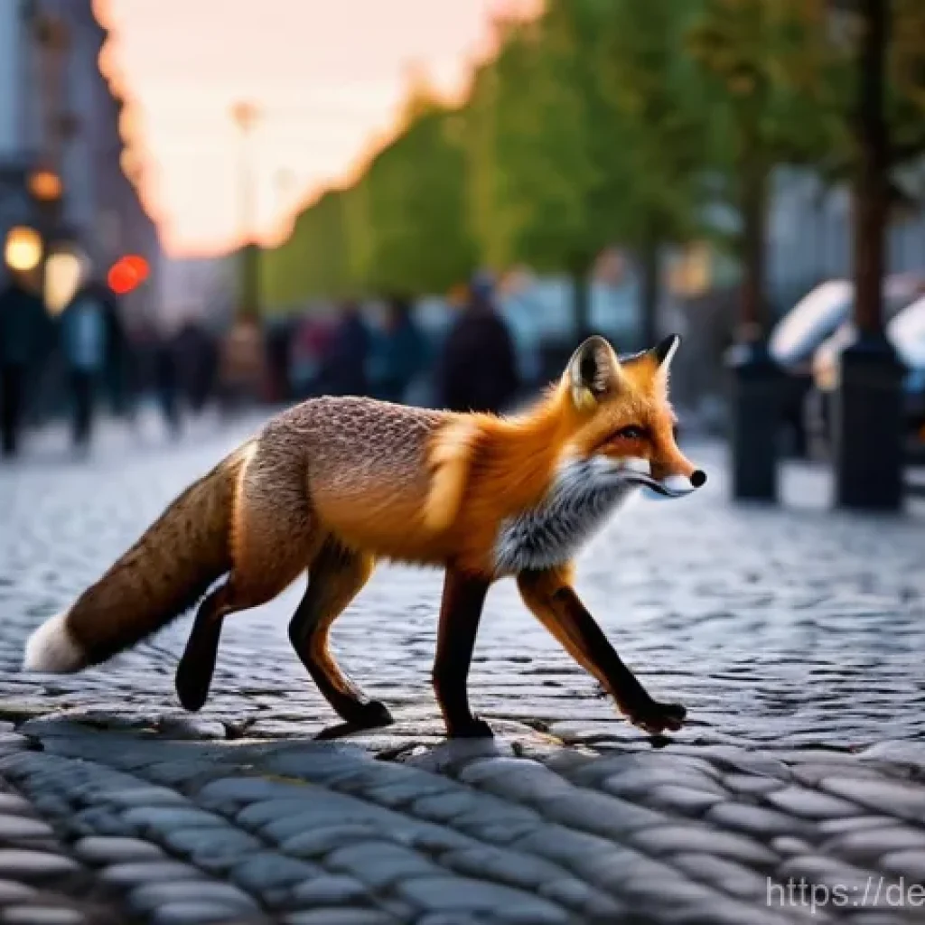 도시에서의 식물 및 동물의 상호작용 - **Prompt:** A curious urban red fox, sleek and alert, cautiously navigating a cobblestone street in ...