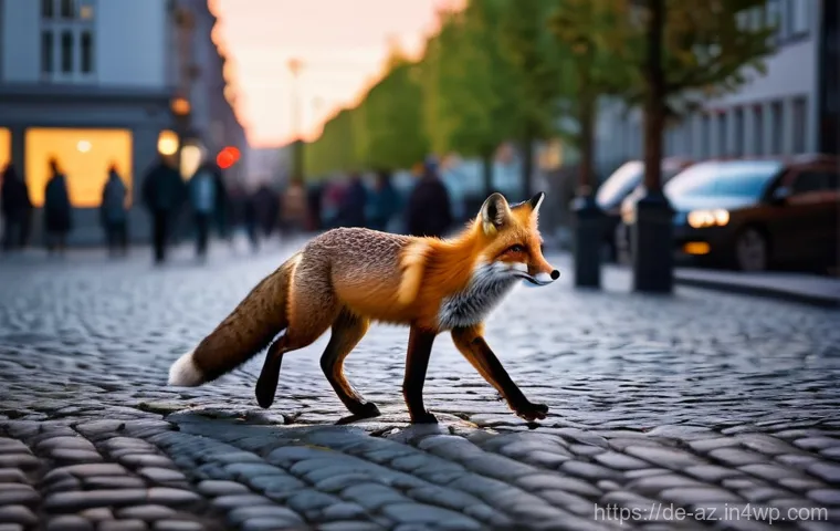도시에서의 식물 및 동물의 상호작용 - **Prompt:** A curious urban red fox, sleek and alert, cautiously navigating a cobblestone street in ...