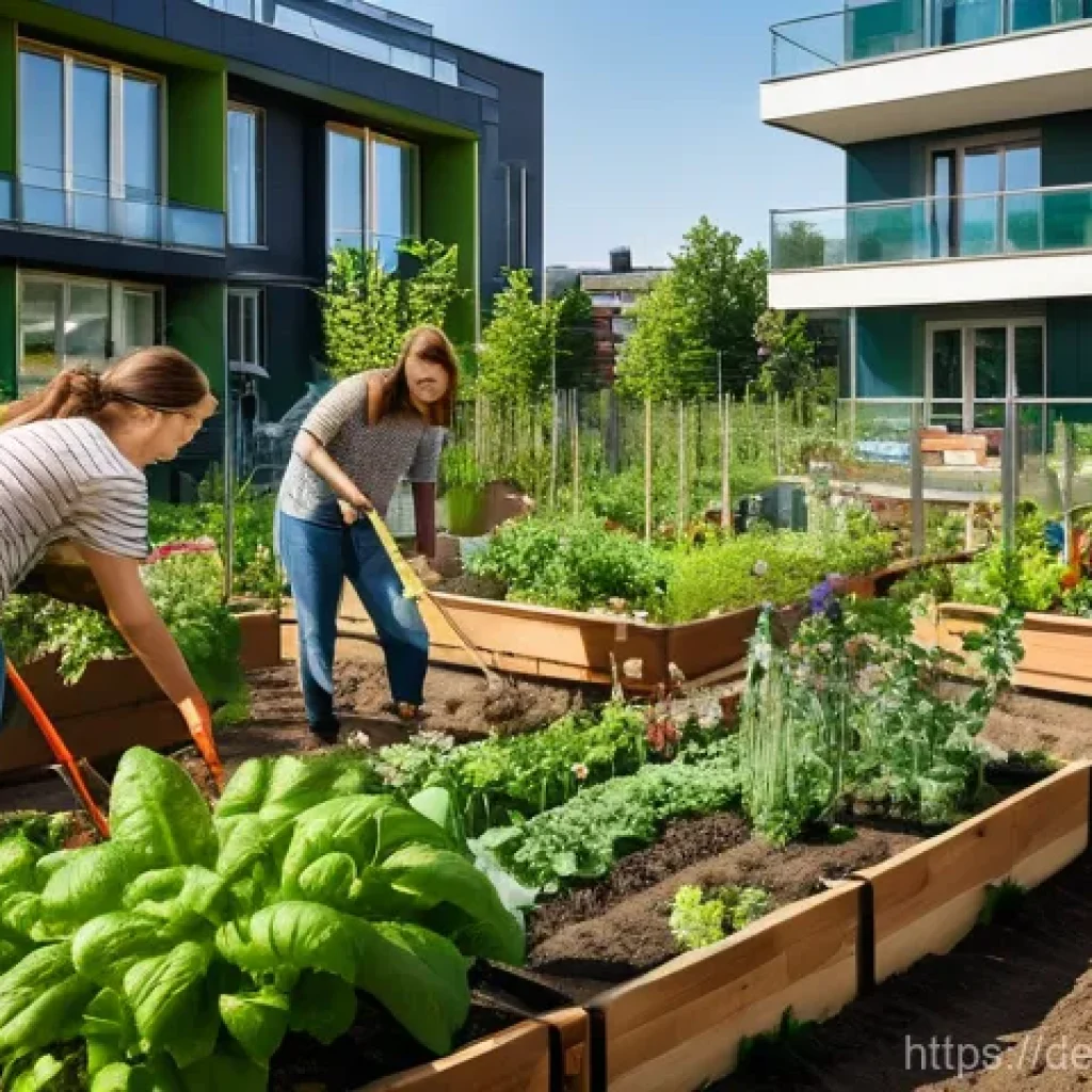 도시 생물다양성을 위한 지역 특화 프로그램 - A vibrant, sunny urban community garden thriving amidst modern architecture in a German city. Divers...