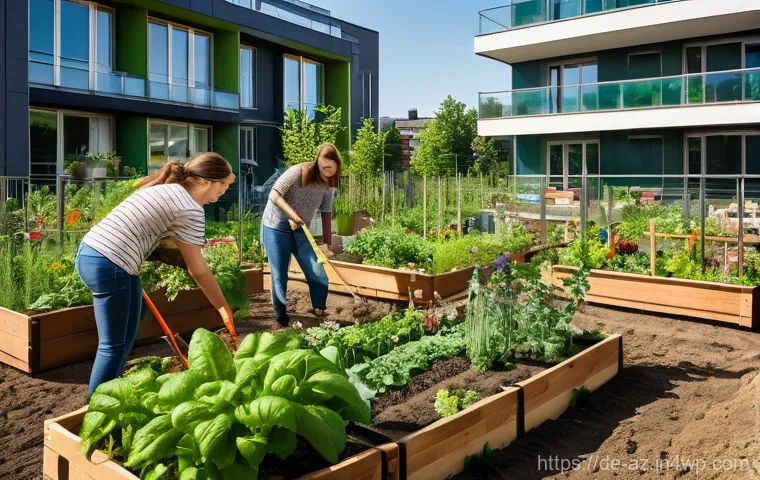 도시 생물다양성을 위한 지역 특화 프로그램 - A vibrant, sunny urban community garden thriving amidst modern architecture in a German city. Divers...