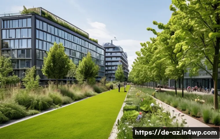 도시 생물다양성을 고려한 교통 시스템 계획 - **Urban Biodiversity Oasis:** A vibrant, bustling street scene in a modern German city, like Hamburg...