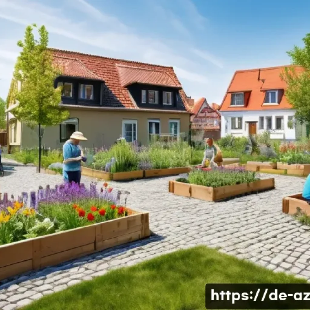 도시 내 생물다양성을 위한 지역 주민 교육 - A vibrant urban community garden in a German neighborhood during springtime, featuring diverse age g...