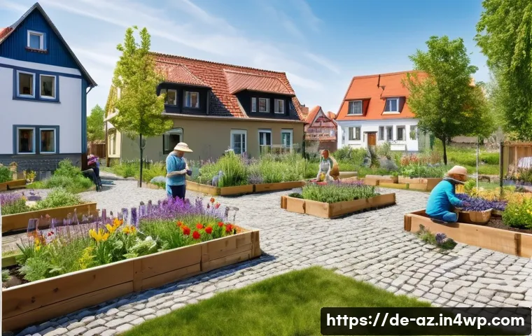 도시 내 생물다양성을 위한 지역 주민 교육 - A vibrant urban community garden in a German neighborhood during springtime, featuring diverse age g...