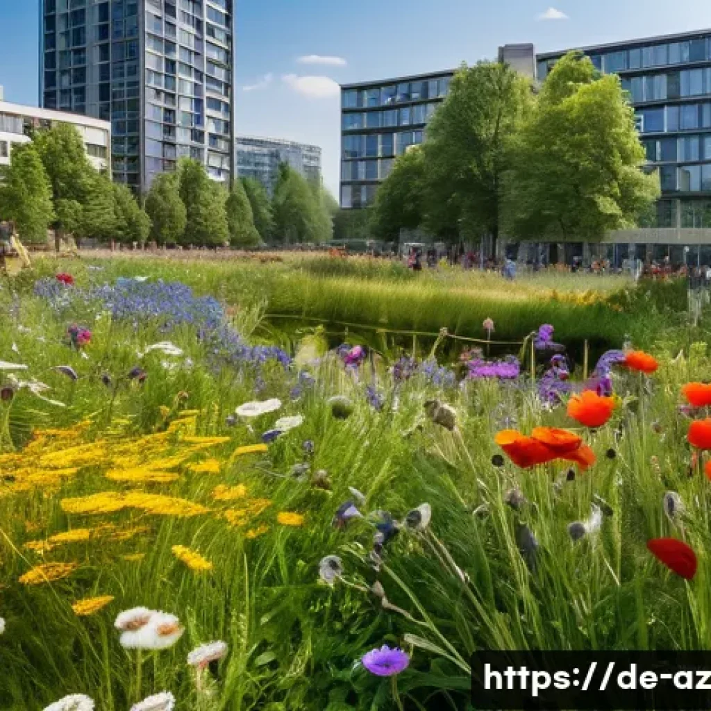 도시에서의 생물다양성 회복을 위한 단계별 가이드 - A vibrant urban park in a German city featuring a large wildflower meadow replacing a former lawn, t...