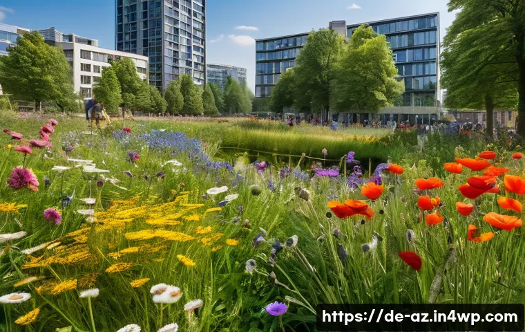 도시에서의 생물다양성 회복을 위한 단계별 가이드 - A vibrant urban park in a German city featuring a large wildflower meadow replacing a former lawn, t...