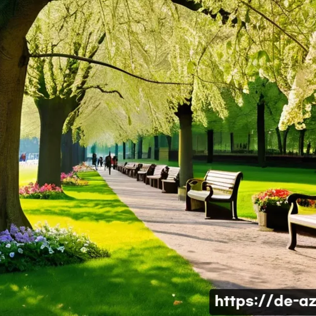 도시 거주자와 생물다양성의 상관관계 - A vibrant urban park scene in a German city during springtime, featuring large oak and linden trees ...