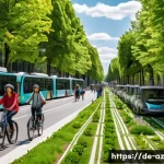 도시 생물다양성을 위한 친환경 교통수단 - A vibrant urban street scene in Berlin featuring a wide, safe bicycle lane filled with diverse cycli...
