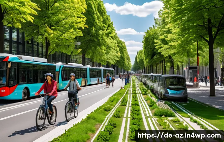 도시 생물다양성을 위한 친환경 교통수단 - A vibrant urban street scene in Berlin featuring a wide, safe bicycle lane filled with diverse cycli...