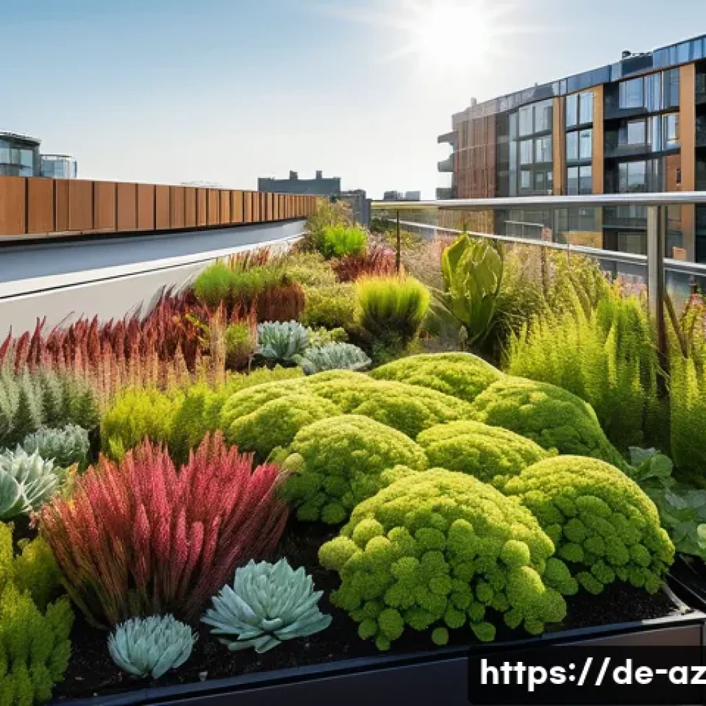 도시 내 녹색 지붕의 생물다양성 효과 - A vibrant green rooftop garden in a modern German cityscape, showcasing a diverse mix of sedum plant...