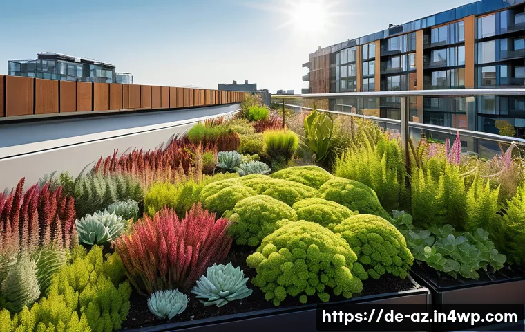 도시 내 녹색 지붕의 생물다양성 효과 - A vibrant green rooftop garden in a modern German cityscape, showcasing a diverse mix of sedum plant...