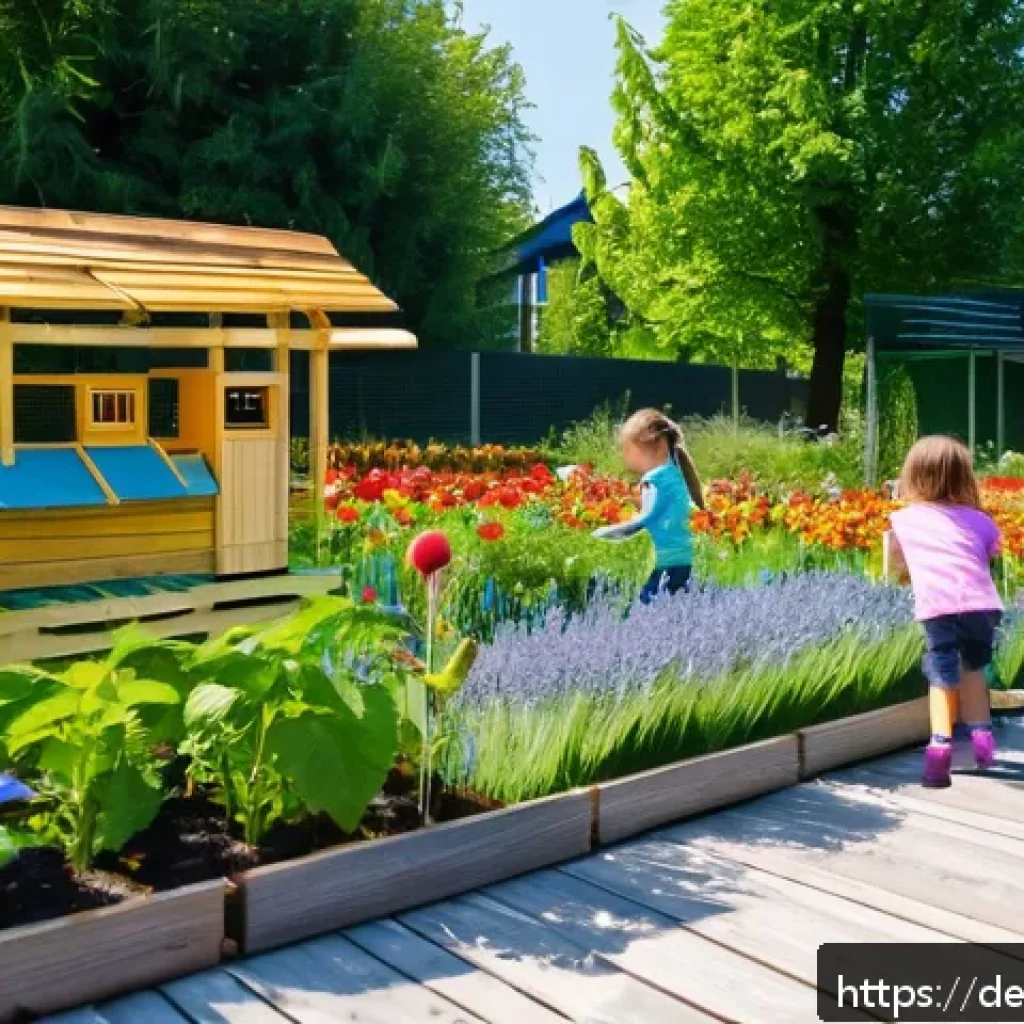 도시 내 생물다양성 증진을 위한 학교 프로그램 - A vibrant schoolyard in Bavaria featuring native German plants and flowers, buzzing with butterflies...