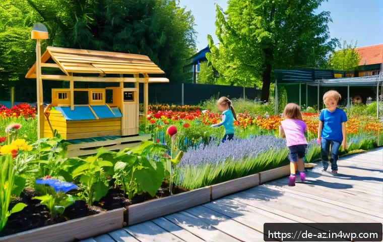 도시 내 생물다양성 증진을 위한 학교 프로그램 - A vibrant schoolyard in Bavaria featuring native German plants and flowers, buzzing with butterflies...