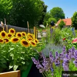 도시 생물다양성을 위한 지역 사회 캠페인 - A vibrant urban community garden in a German city neighborhood, filled with diverse native plants an...