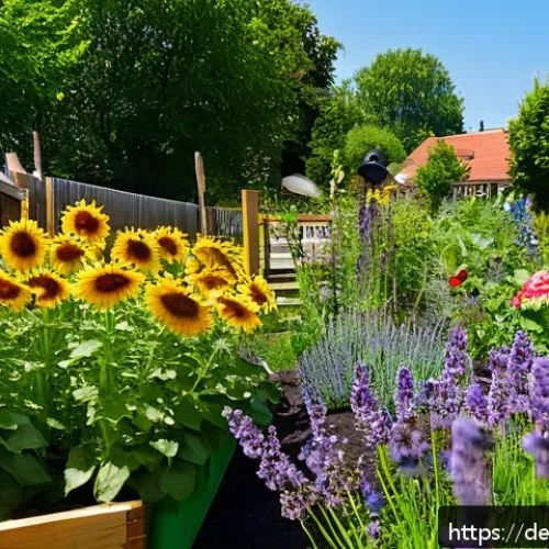 도시 생물다양성을 위한 지역 사회 캠페인 - A vibrant urban community garden in a German city neighborhood, filled with diverse native plants an...