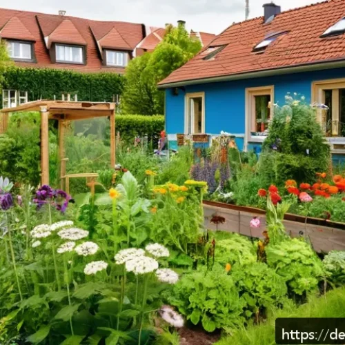 도시 생물다양성 증진을 위한 역사적 교훈 - A vibrant community garden in a German urban neighborhood, featuring diverse native plants, wildflow...