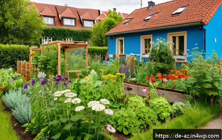 도시 생물다양성 증진을 위한 역사적 교훈 - A vibrant community garden in a German urban neighborhood, featuring diverse native plants, wildflow...